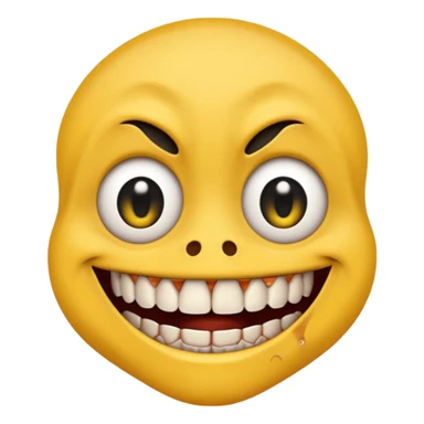 Yellow face emoji with only two teeth white and the rest of the teeth black and rotten, scars on the face and eyes wide with black pupils sticker
