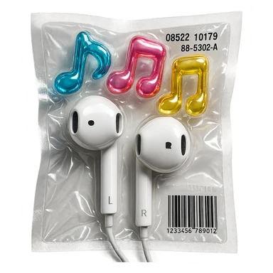 pair of white EarPods with three floating glass music notes in blue, pink, and yellow, shiny and puffy sticker