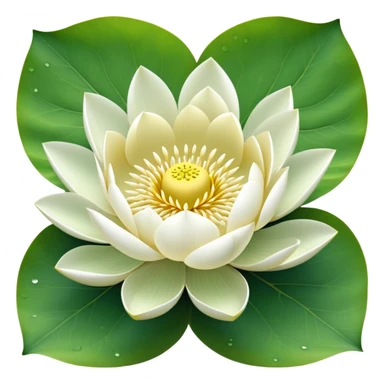 Pure white lotus flower with botanically accurate yellow seedpod center with distinct holes pattern, surrounded by pristine white petals and floating on a green notched lotus leaf sticker
