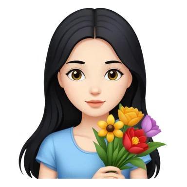beautiful girl with long black hair holding a bouquet of flowers sticker