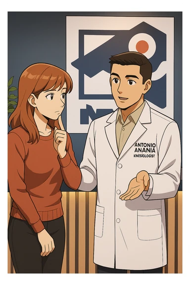 su questo stile fai un manga/webtoon a colori in cui una donna SI TOCCA IL MENTO CON L'INDICE MENTRE ASCOLTA PENSIEROSA L'UOMO, l'uomo della foto in stile manga LE SPIEGA CHE DEVE PROVARE LA SUA VALUTAZIONE MEDICA, mantieni un ambiente simile alla foto che ho allegato con il suo logo (sarebbe il suo studio, lui è un kinesiologo), scrivigli "ANTONIO ANANIA" sul camice bianco, non mettere fumetti, ma fai in modo che sembri che la donna ASCOLTI l'uomo sticker