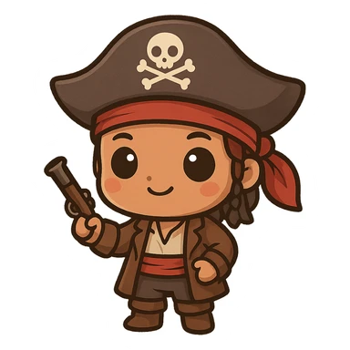 cute chibi style Caribbean pirate with round face, big eyes, wearing small pirate outfit sticker