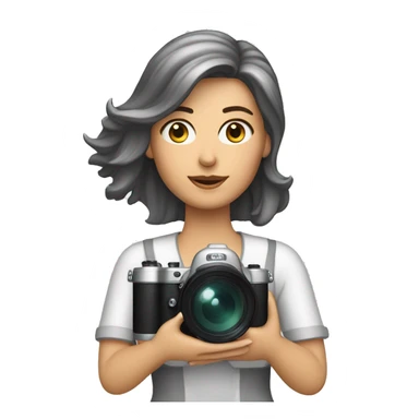 White film director woman holding a cinema camera. Change the woman to an armenian woman wil silver streaks in the front of her hair. sticker
