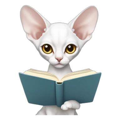 Slim white devon rex with grey-blue eyes reading book sticker