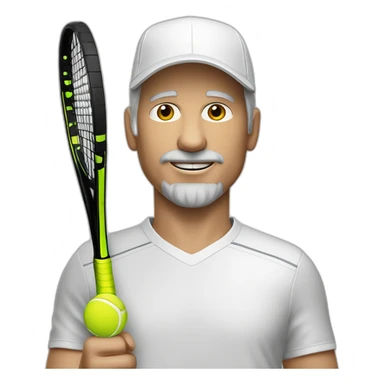 Tennisplayer white male in his 50s, gray hear, white cap with tennis raquet and tennis ball sticker