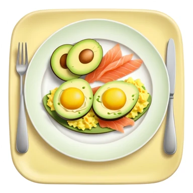 plate with sliced avocado, scrambled-eggs and smoked salmon sticker