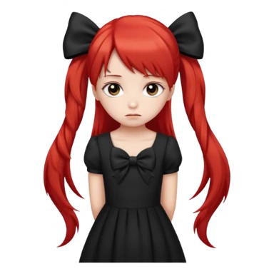 red long twin tail hair girl with black bow on her hair wearing black dress with a sad face sticker