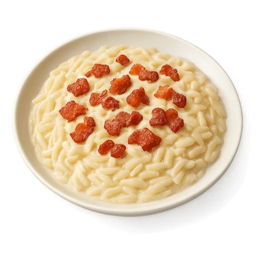 A plate of risoni, topped with small pieces of bacon with cream sticker