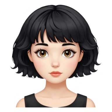 Gorgeous french woman short french haircut tousled wavy hair short straight across baby bangs black hair Amelie Beautiful Blushing Petite Girl with beautiful hair aesthetic sticker