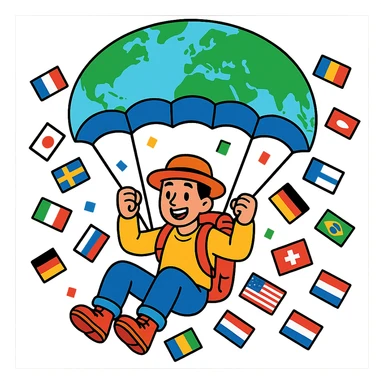 A cheerful traveler descending with a world map parachute, colorful country flags around, contemporary style, bright colors. sticker