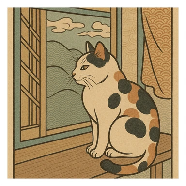ukiyo-e style illustration of a cat sitting on a windowsill sticker