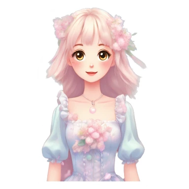 Gorgeous pastel anime style lady with blushing face with flower petals around cute dress  cottagecore fairycore pastelcore shiny colorful pearly petite simplistic aesthetic trending style sticker