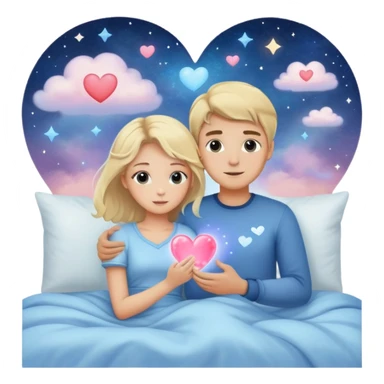Sweet dreams a blonde man in a very  comfy bed with blue and Pastel clouds and an delicate  galaxy with a girl sending a heart elegant  sticker