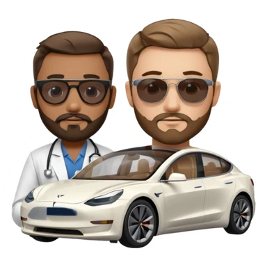 White tesla model 3 with a cool physician with dark blond hair, beard and dark sunglasses next to it sticker