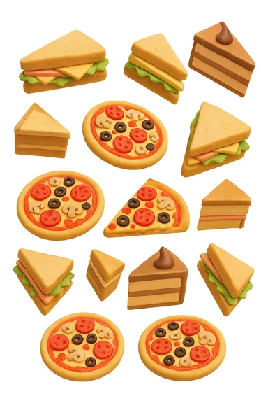 pizzette, fette di torta e panini, fluttuano in aria in 3d, sfondo bianco sticker