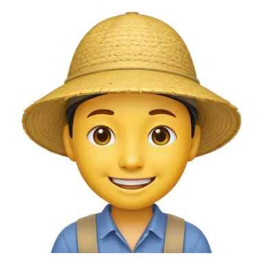 Yellow emoji smiley face with stereotypical Chinese facial features and rice farmer hat sticker