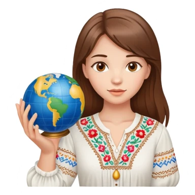 Beautiful young girl with brown hair wearing a white Ukrainian embroidered shirt holding a globe in her hand sticker