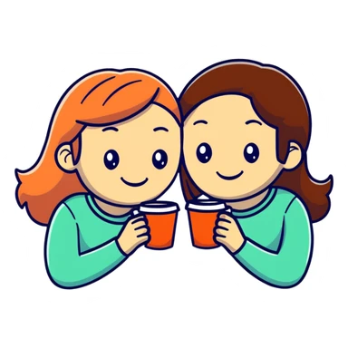 Two girls smiling, holding one coffee cup together sticker