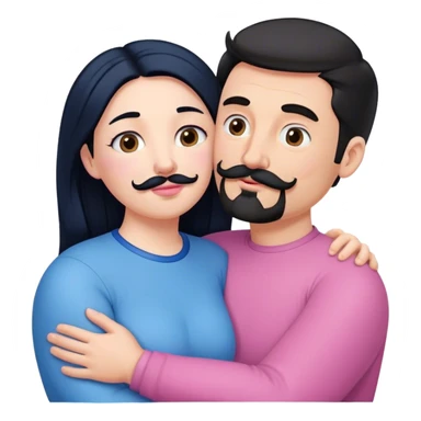 Tall white man with brown mustache goatee wearing blue hugging a chubby short pale woman with long black hair wearing pink sticker