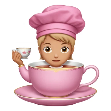 A pink teacup filled with tea, placed on a matching pink saucer, with gentle steam rising from the cup. Soft lighting, cozy and warm atmosphere sticker