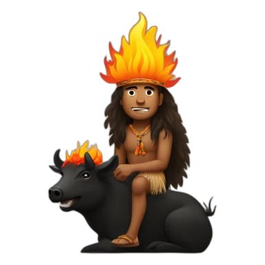 brazilian indigenous man with fire for a hair sitting on a black boar sticker