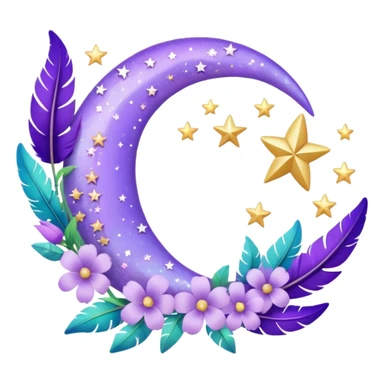 Beautiful poetic ethereal romantic aesthetic sparkly glittery shiny pretty floating pastel lilac lavender Violet crescent-moon and flowers and leaves and feathers and sparkles and stars aesthetic deco sticker