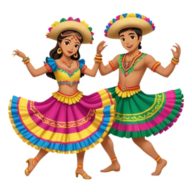 Cinematic Realistic scene of two dancers performing Cumbia, adorned in colorful traditional Colombian costumes with intricate details, captured in rhythmic motion with lively, festive lighting sticker