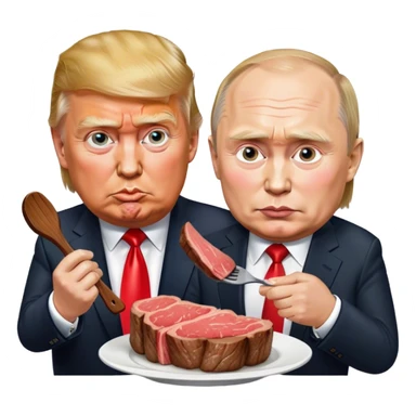 photorealistic Donald Trump and Putin eating a steak shaped like an piece of land sticker