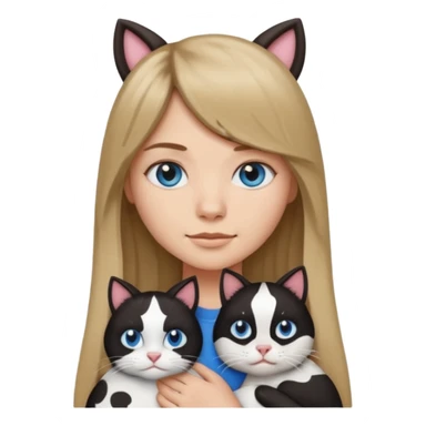 Apple-style emoji sticker of a young woman with long dark blond hair and bang, blue eyes , holding a cat black and white like a cow patch on her chest.  sticker