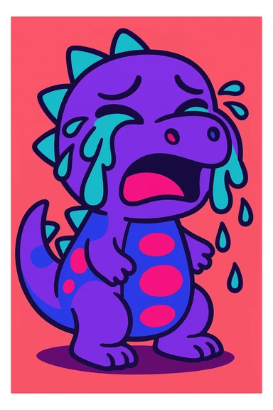 cartoon dinosaur crying, multicolor purple cyan hot pink, tears dripping down, vibrant, cute sticker