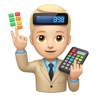 3D iPhone style emoji of a person using a calculator, finger pressing colorful buttons, digital display showing numbers, isolated on white background, soft shadows, high detail, playful and cute. sticker