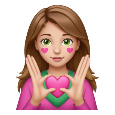 a girl with brown hair with blonde highlights brown and green eyes and a nose piercing and she is putting up the pink pulsing heart emoji with her hands sticker