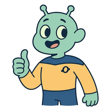 cheerful alien giving thumbs up in a crew uniform, pastel toon cartoon style sticker