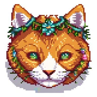 head of a ginger cat with a garland, pixel art sticker