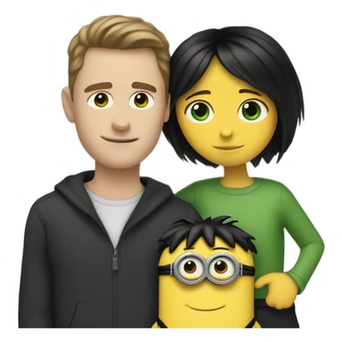 white male, brown eyes, black hair hugging and holding a minion with green eyes  sticker