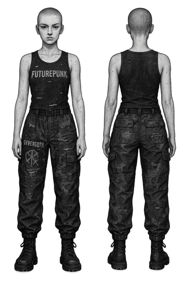 1 female outfit design for a VTUBER OC. The style is mixed 90's grunge, punk, lots of black and white in the color scheme, futuristic aesthetic. Clothing has small rips and tears from wear, logos and designs are faded. Garage, Shoegaze, postmodern style. character design concept art outfit for a female. [[FUTUREPUNK CYBERGOTH]] front on view, not 3/4 angle or any angle, perfect front, front and back view of each design, black and white patched gorka-style cargo lower, black graphic tanktop upper, buzz cut sticker