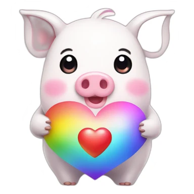 Kawaii anime pig holding rainbow heart sticker