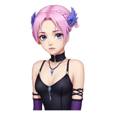 Gorgeous beautiful pretty grumpy anime lady long-pale-whitish-pastel-pink-hair with one braid on each side, hanging purple feather-ear-cuffs with pink tips in hair, black bodysuit, blue eyes, pink iris, ethereal, fashion aesthetic  sticker