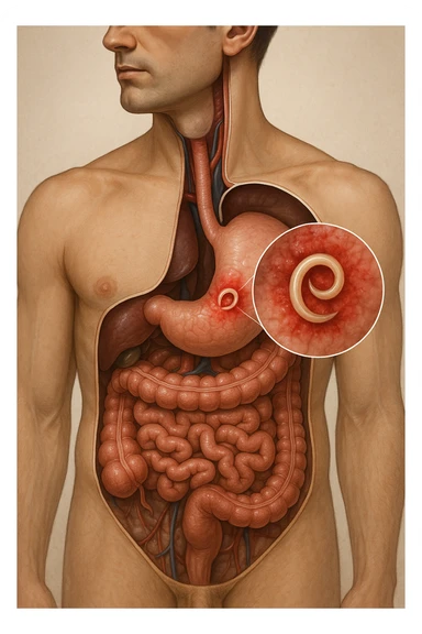 a 3D cutaway view of the human digestive tract, showing an Anisakis larva attached to the stomach or intestinal wall. in a man sticker