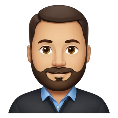 Very stocky businessman in his 40s with light brown skin, pear-shaped face, full cheeks, warm friendly smile, kind welcoming eyes, thick eyebrows, wide nose, short full beard, short dark hair, wearing a black button-up shirt sticker