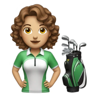 female with brown wavy hair dressed in golfwear with golf gear sticker