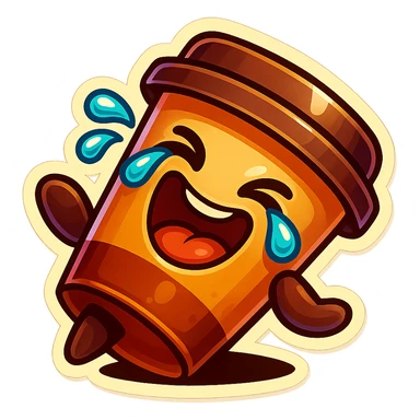 Tall coffee cup, laughing hard, tears in eyes, fallen over, dramatic laugh sticker