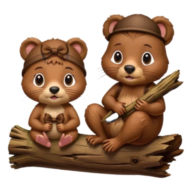 a girl beaver and a boy beaver on a log. give the girl eyelashes and a bow on top of her head sticker