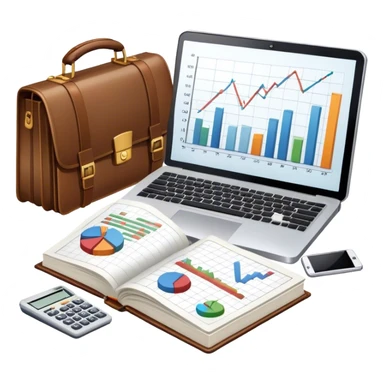 Icon for Business Reading: an open book with a graph and financial charts, a briefcase, a calculator, and a laptop nearby. The icon should represent the world of business, finance, and professional growth. Transparent background. sticker