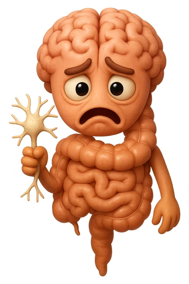 EMOJI STILE IPHONE DI UN INTESTINO collegato verticalmente ad un cervello mentre tiene in mano un neurone, espressione stressata, IPERREALISTICO 4K sticker