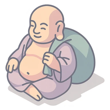 Hotei with a sack, 2D isometric style, clean lines, sharper angles, high detail, pronounced shadows and highlights, minimalist eastern accent, pastel palette #98B5BC, #B5B3C1, #C9A3C9, #E4C0CA, #F7DCD1, #F7C0AA, transparent background sticker