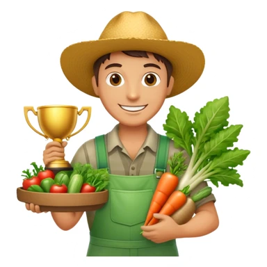 Happy gardener with trophy and prize vegetables sticker