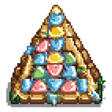 Convert the image to a playful, pixel art dalgona candy in sticker style with a white border, shaped like a triangle. The style should be sticker-like, playful, and pixel art. sticker