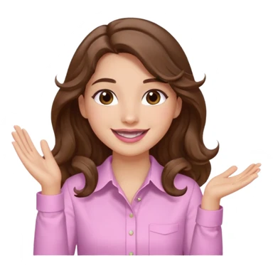 girl with wavy long brown hair, brown eyes, light to medium complexion, long lashes, light pink lipstick, smiling, wearing light pink shirt, clapping sticker