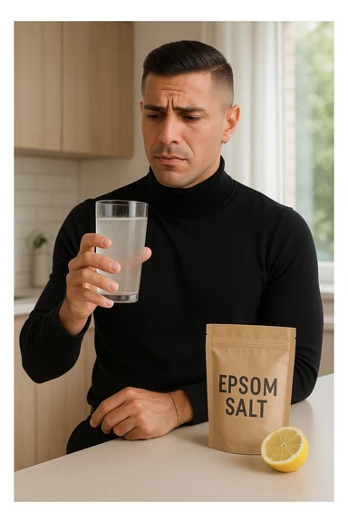 A realistic, bright photo-style image of a young man in his 30s standing in his kitchen, holding a clear glass filled with water in which Epsom salt (magnesium sulfate) has been dissolved. He looks focused but slightly uncertain as he prepares to drink it for a liver flush or digestive cleanse. The glass shows slight cloudiness from the dissolved salt. On the counter are a packet labeled 'Epsom Salt' and a sliced lemon, suggesting he might use it to mask the taste. The setting is clean, natural, and bright with neutral tones. The background shows sunlight streaming through a window, emphasizing a clean, minimalist health-focused environment. The mood conveys a realistic, calm moment of self-care with a hint of discomfort, illustrating a natural detox practice sticker